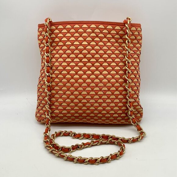 Pour La Victoire Coral & Tan Woven Leather Crossbody Bag - Picture 2 of 12